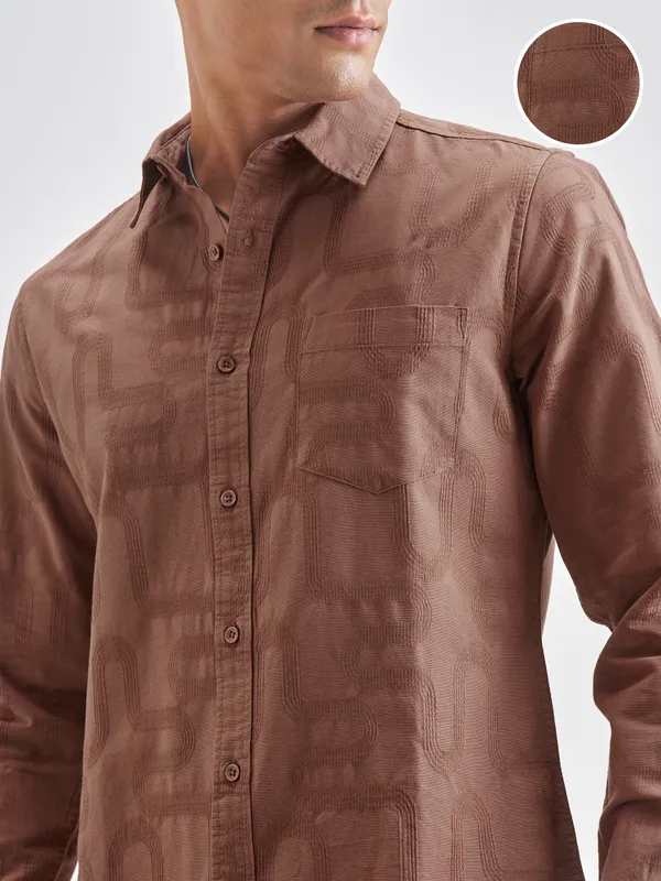 Highlander Men Brown Self Desgin Slim Fit Casual Shirt
