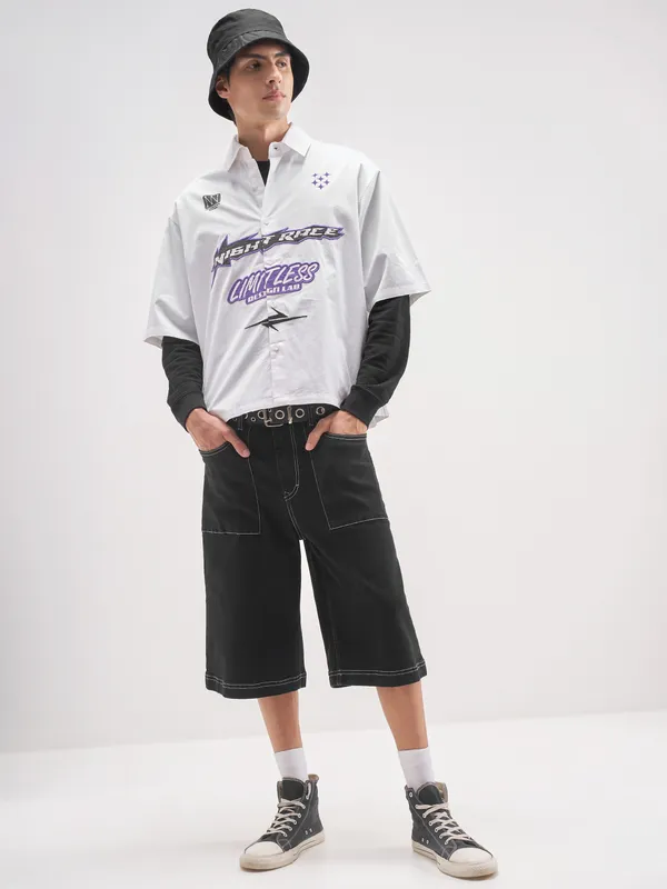 Highlander Men White Printed Boxy Fit Casual Shirt