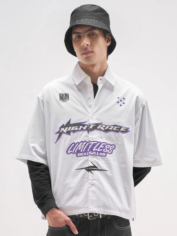 Highlander Men White Printed Boxy Fit Casual Shirt