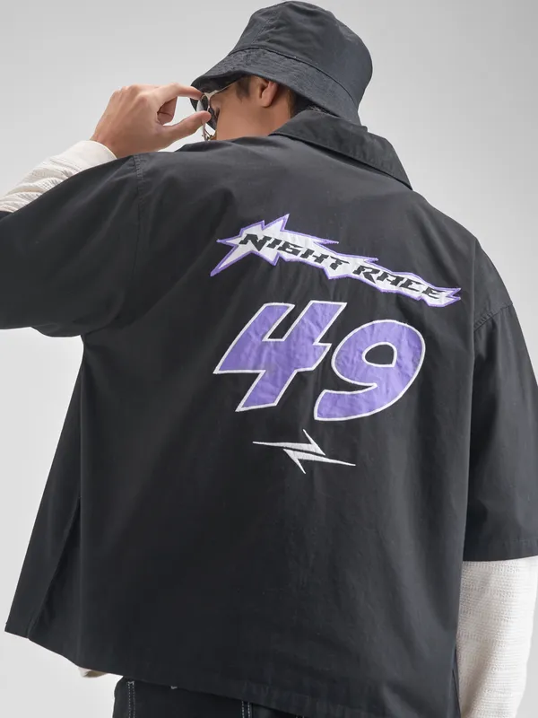 Highlander Men Black Embroidered Boxy Fit Casual shirt