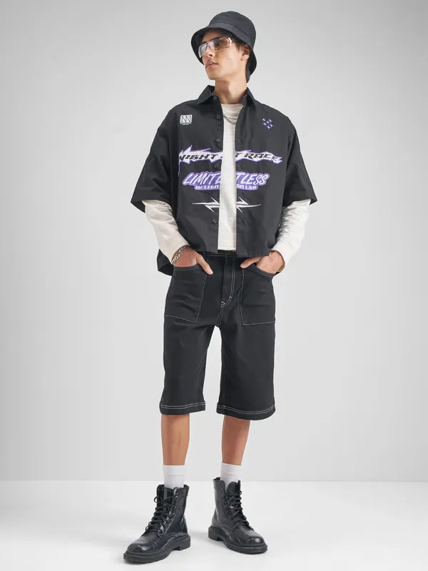 Highlander Men Black Embroidered Boxy Fit Casual shirt