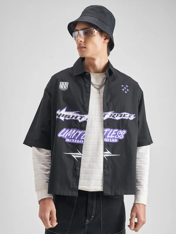 Highlander Men Black Embroidered Boxy Fit Casual shirt