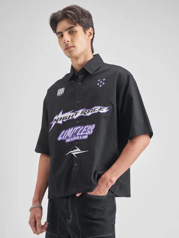 Highlander Men Black Embroidered Boxy Fit Casual shirt