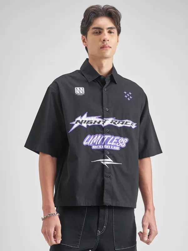 Highlander Men Black Embroidered Boxy Fit Casual shirt