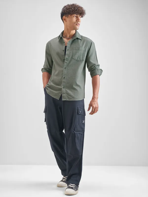 Highlander Men Olive Self Design Relaxed Fit Casual Shirt