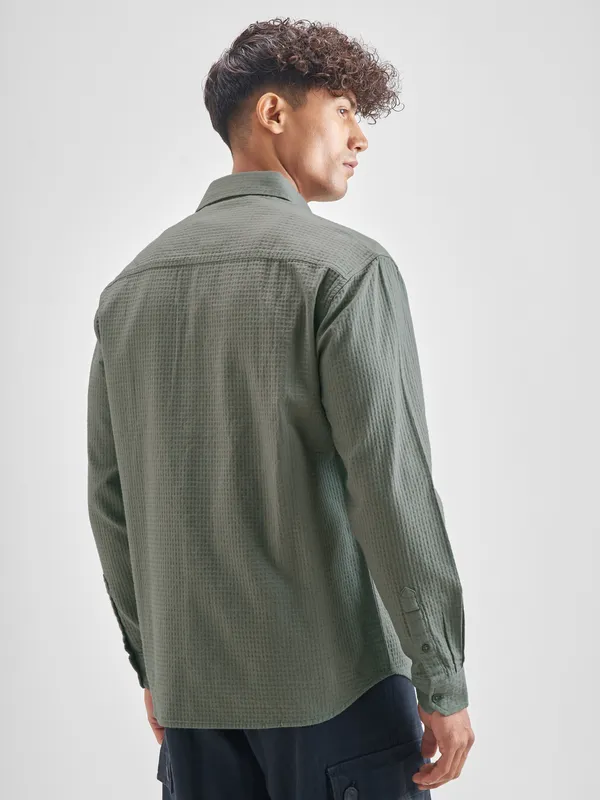 Highlander Men Olive Self Design Relaxed Fit Casual Shirt