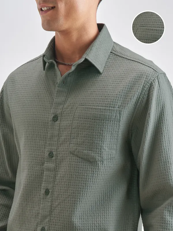 Highlander Men Olive Self Design Relaxed Fit Casual Shirt