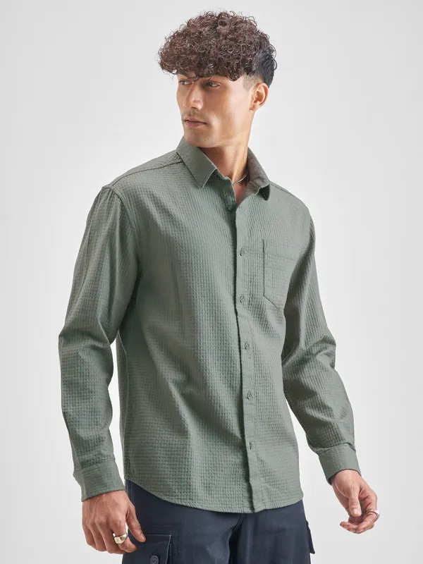 Highlander Men Olive Self Design Relaxed Fit Casual Shirt