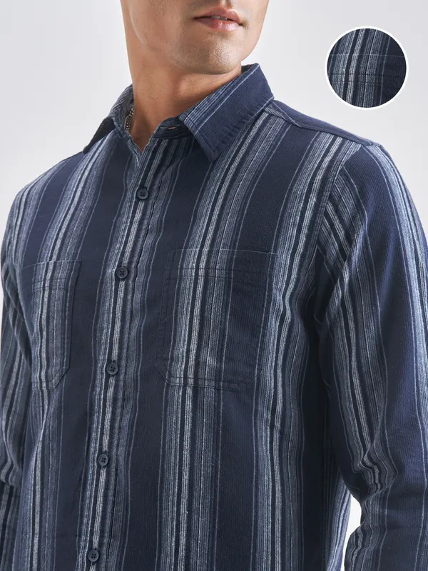 Highlander Men Navy Blue Striped Slim Fit Casual Shirt