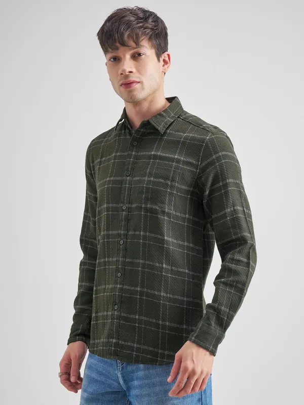 Highlander Men Green Checked Slim Fit Casual Shirt