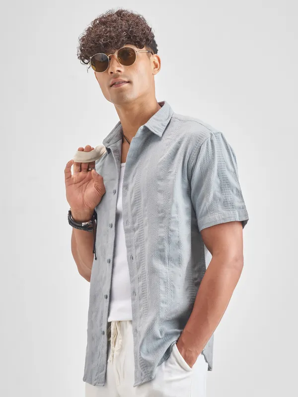 Highlander Men Grey Self Design Relaxed Fit Casual Shirt