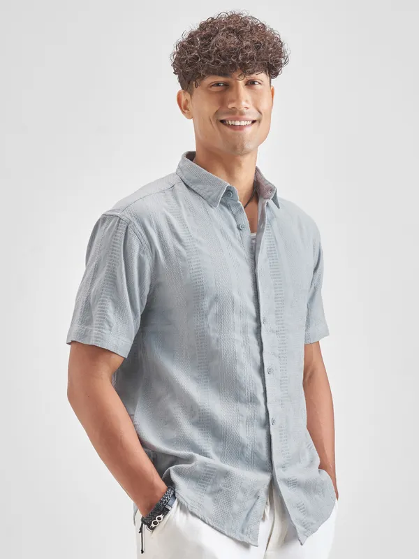 Highlander Men Grey Self Design Relaxed Fit Casual Shirt