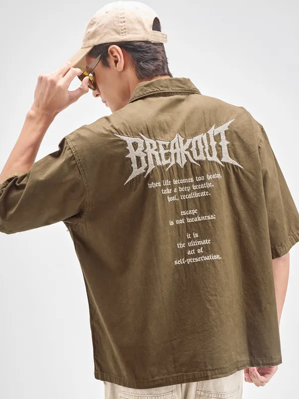 Highlander Men Brown Embroidered Boxy Fit Casual shirt