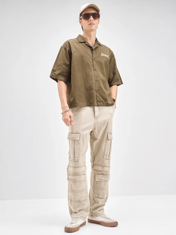 Highlander Men Brown Embroidered Boxy Fit Casual shirt