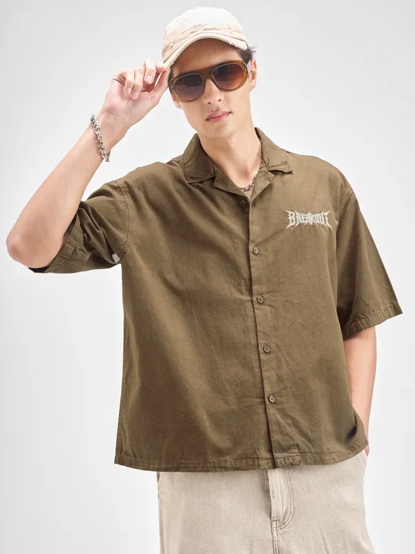 Highlander Men Brown Embroidered Boxy Fit Casual shirt