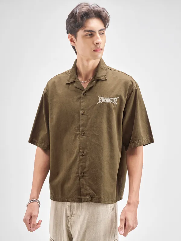 Highlander Men Brown Embroidered Boxy Fit Casual shirt