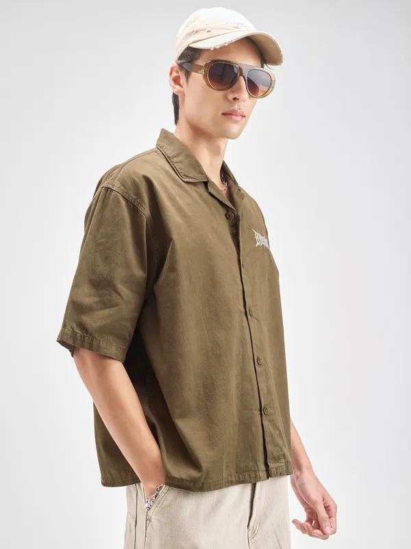 Highlander Men Brown Embroidered Boxy Fit Casual shirt