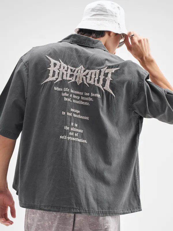 Highlander Men Charcoal Embroidered Oversized Fit Casual Shirt