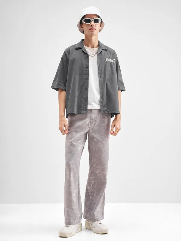 Highlander Men Charcoal Embroidered Oversized Fit Casual Shirt