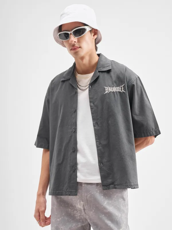 Highlander Men Charcoal Embroidered Oversized Fit Casual Shirt