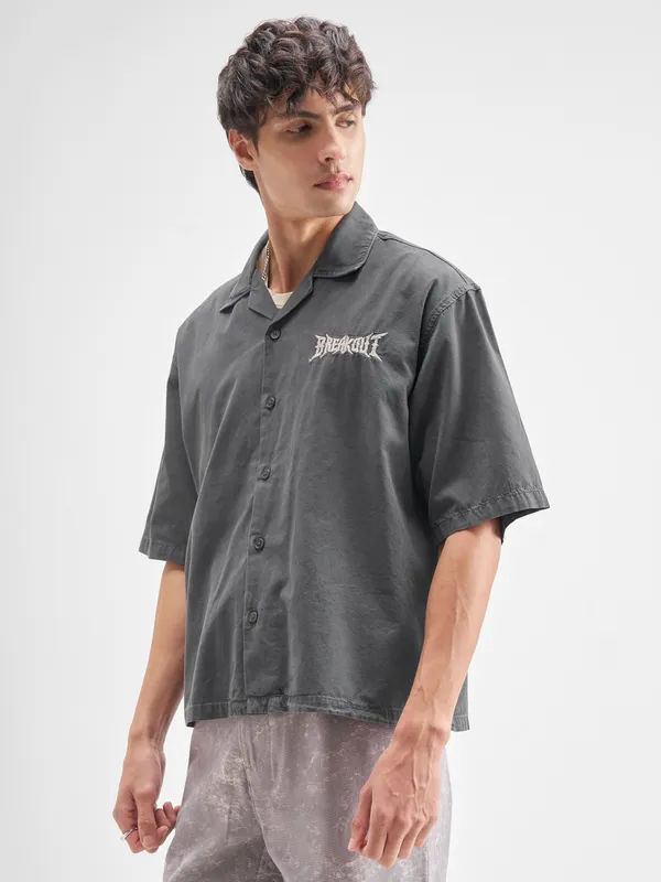 Highlander Men Charcoal Embroidered Oversized Fit Casual Shirt