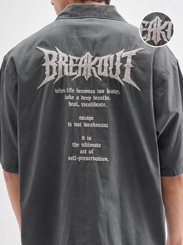 Highlander Men Charcoal Embroidered Oversized Fit Casual Shirt