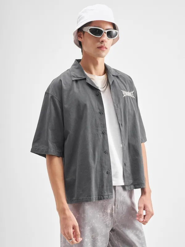 Highlander Men Charcoal Embroidered Oversized Fit Casual Shirt