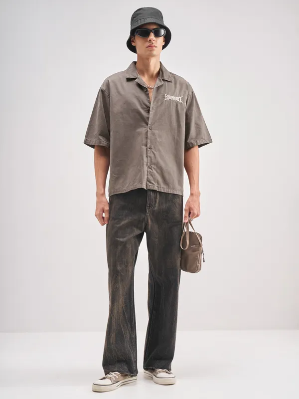 Highlander Men Tan Embroidered Boxy Fit Casual Shirt