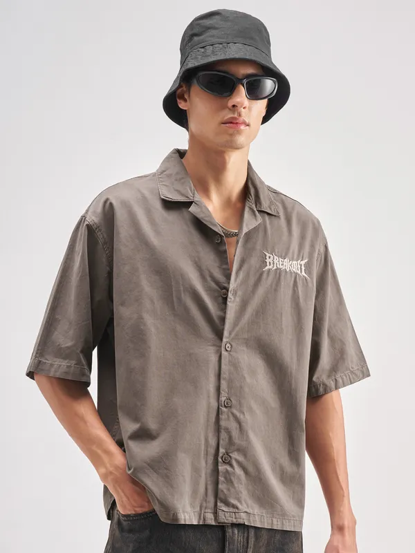 Highlander Men Tan Embroidered Boxy Fit Casual Shirt