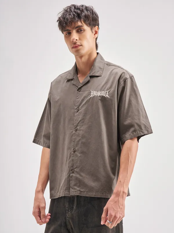 Highlander Men Tan Embroidered Boxy Fit Casual Shirt