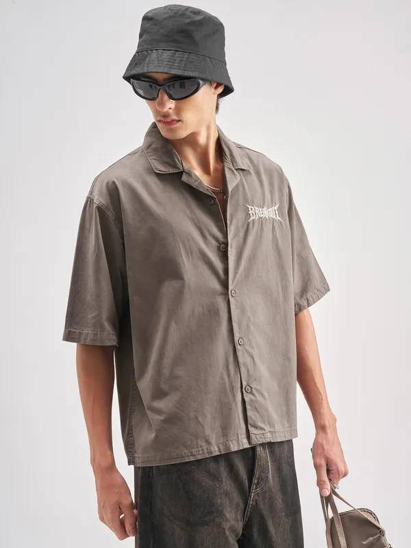 Highlander Men Tan Embroidered Boxy Fit Casual Shirt