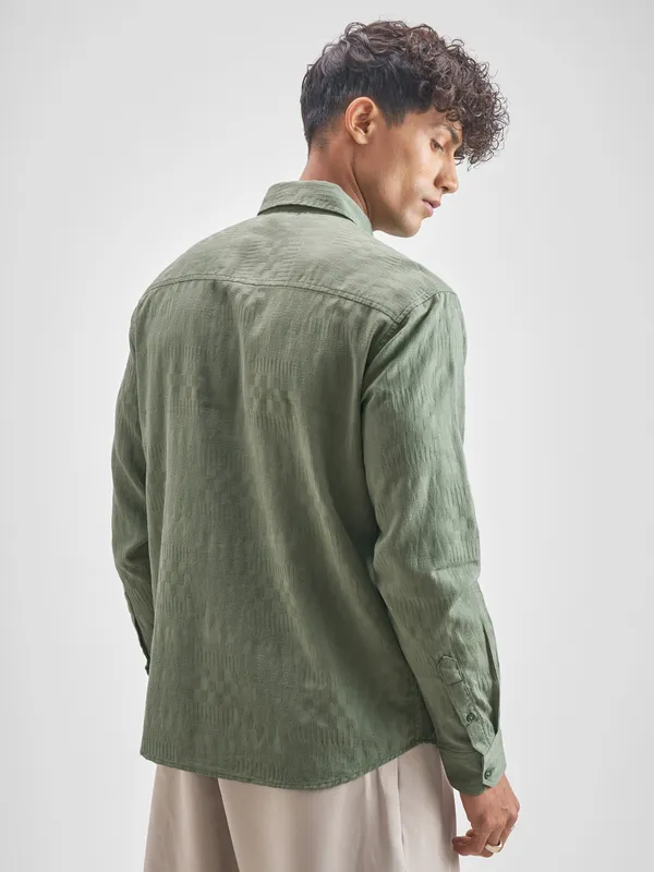 Highlander Men Green Self Design Relaxed Fit Casual Shirt