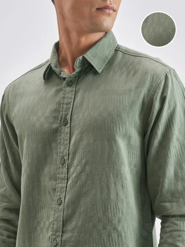 Highlander Men Green Self Design Relaxed Fit Casual Shirt