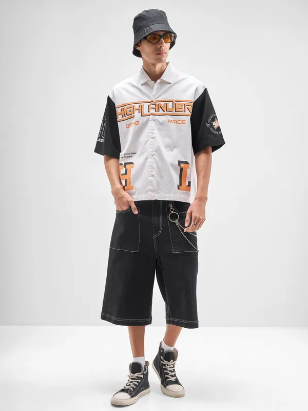 Highlander Men White Printed Boxy Fit Casual Shirt