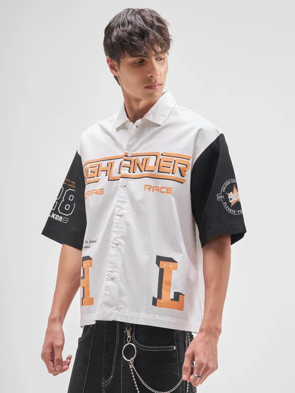 Highlander Men White Printed Boxy Fit Casual Shirt