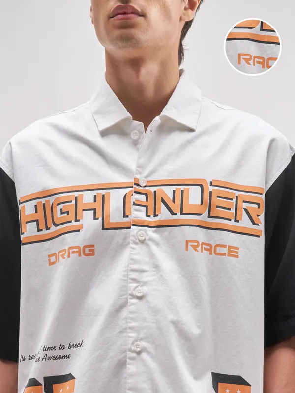 Highlander Men White Printed Boxy Fit Casual Shirt