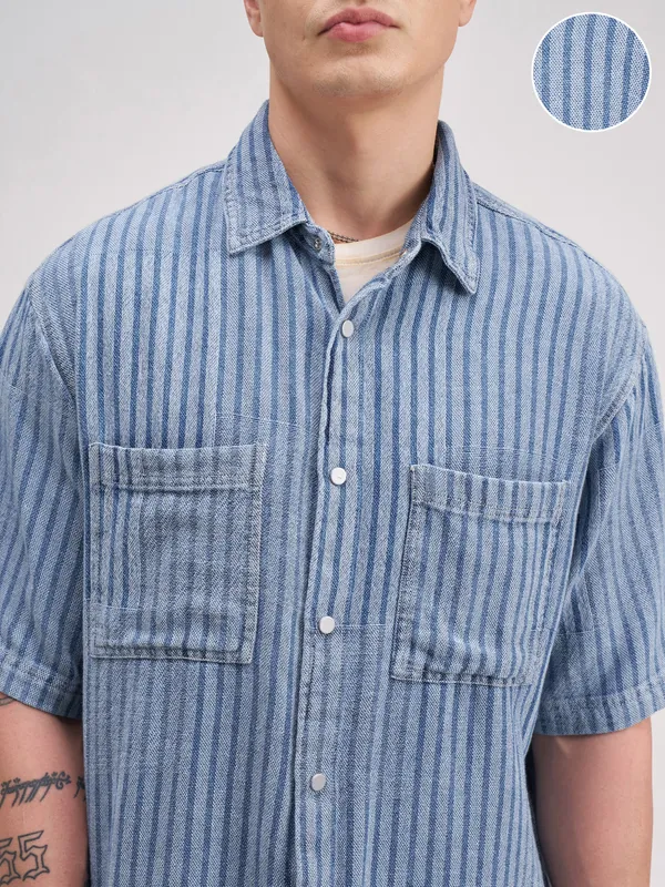 Highlander Men Blue Self Design Boxy Fit Casual Shirt