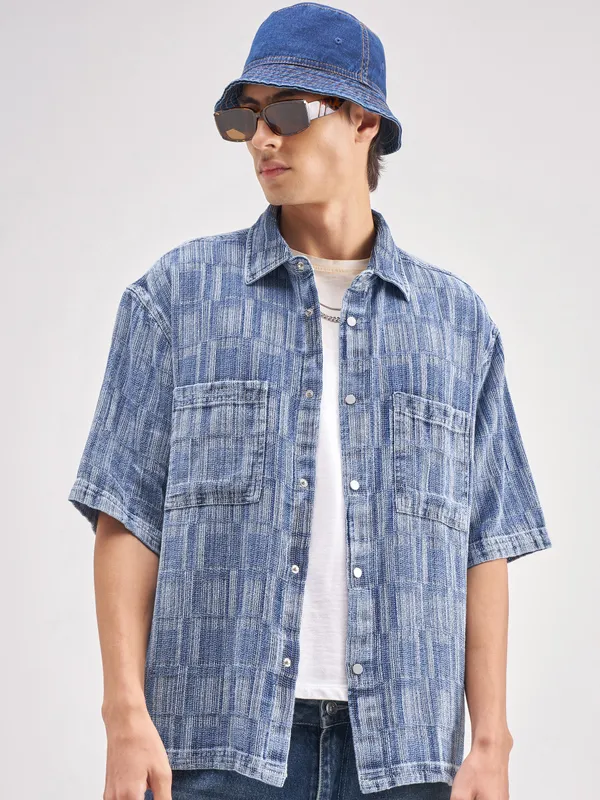 Highlander Men Blue Self Design Oversized Fit Casual Shirt