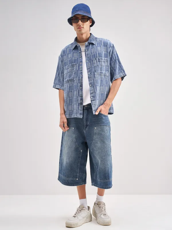 Highlander Men Blue Self Design Oversized Fit Casual Shirt