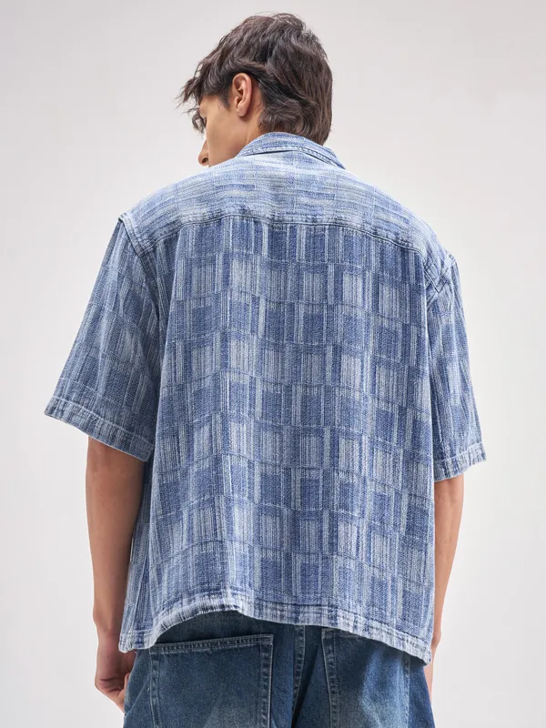 Highlander Men Blue Self Design Oversized Fit Casual Shirt