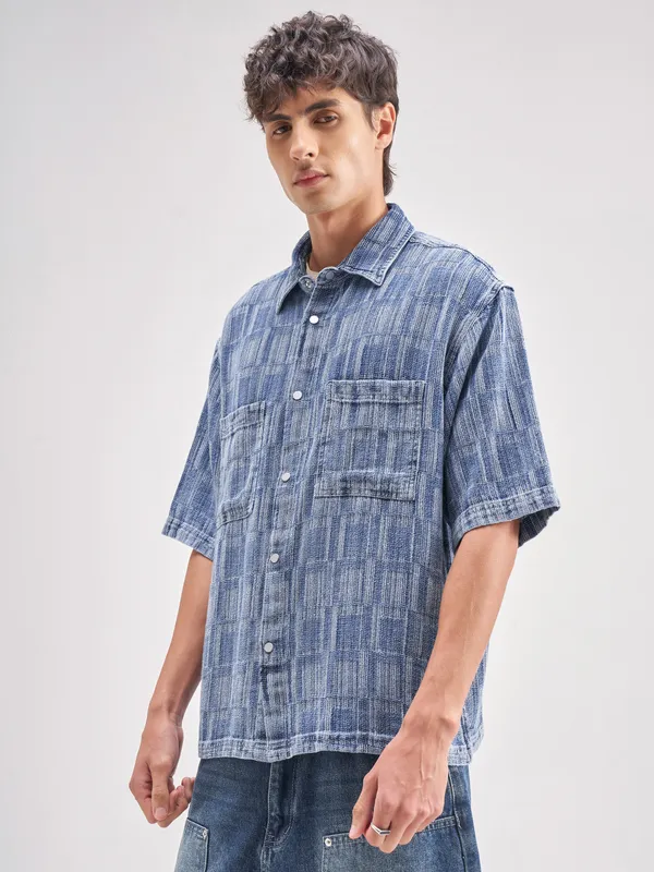 Highlander Men Blue Self Design Oversized Fit Casual Shirt