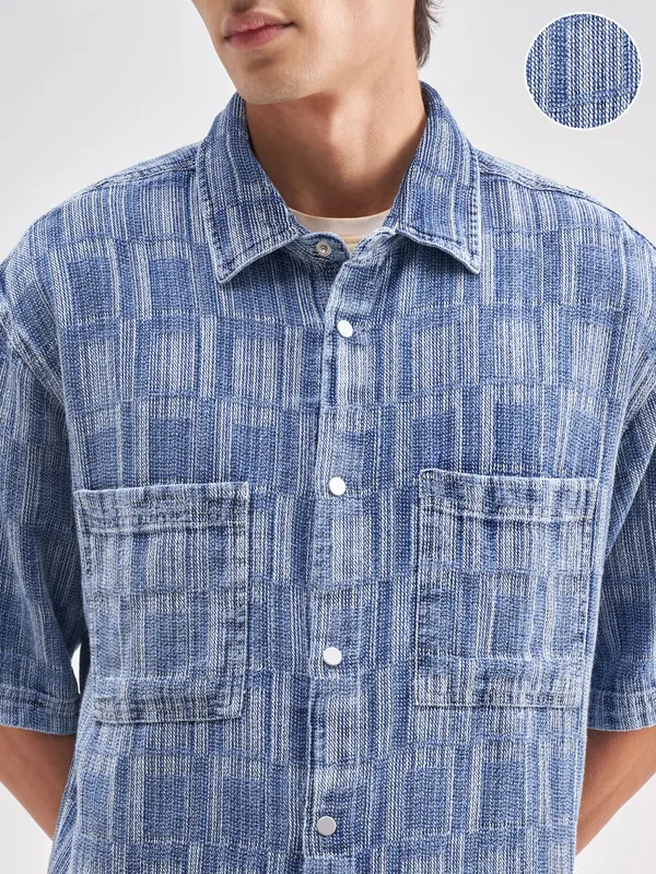 Highlander Men Blue Self Design Oversized Fit Casual Shirt