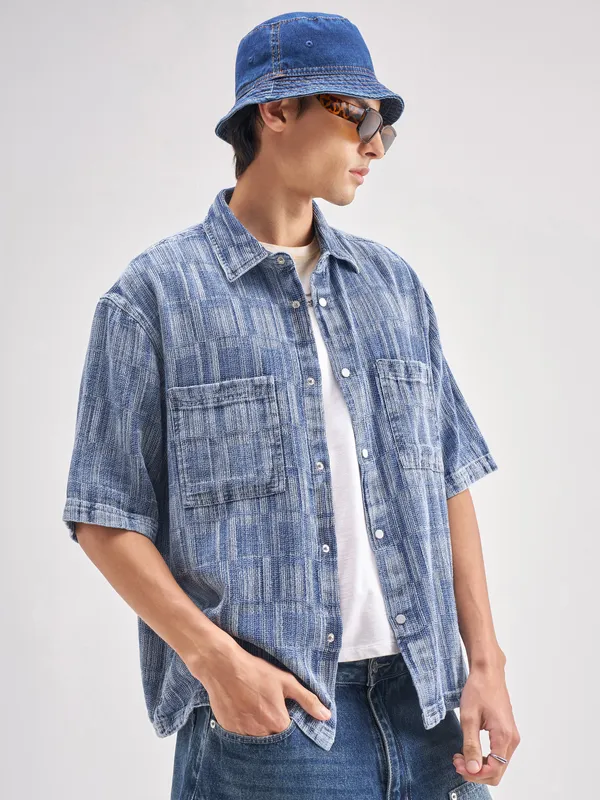 Highlander Men Blue Self Design Oversized Fit Casual Shirt