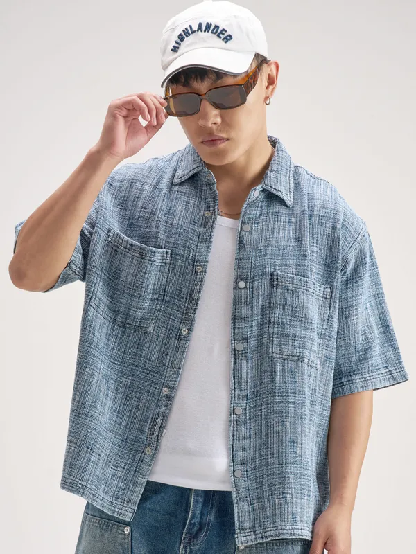 Highlander Men Blue Self Design Boxy Fit Casual Shirt