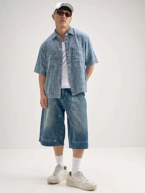 Highlander Men Blue Self Design Boxy Fit Casual Shirt