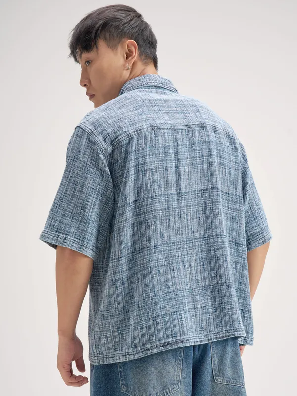 Highlander Men Blue Self Design Boxy Fit Casual Shirt