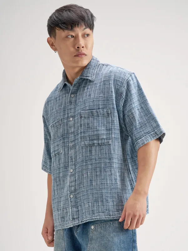 Highlander Men Blue Self Design Boxy Fit Casual Shirt