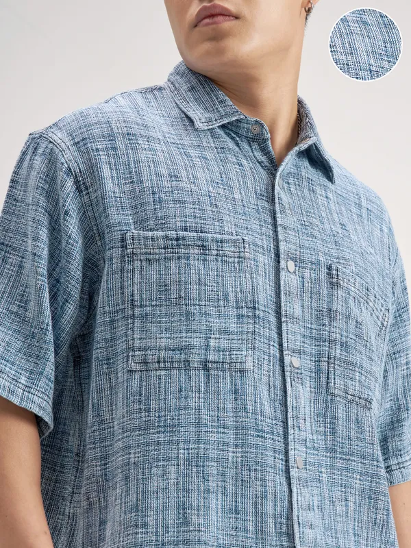 Highlander Men Blue Self Design Boxy Fit Casual Shirt