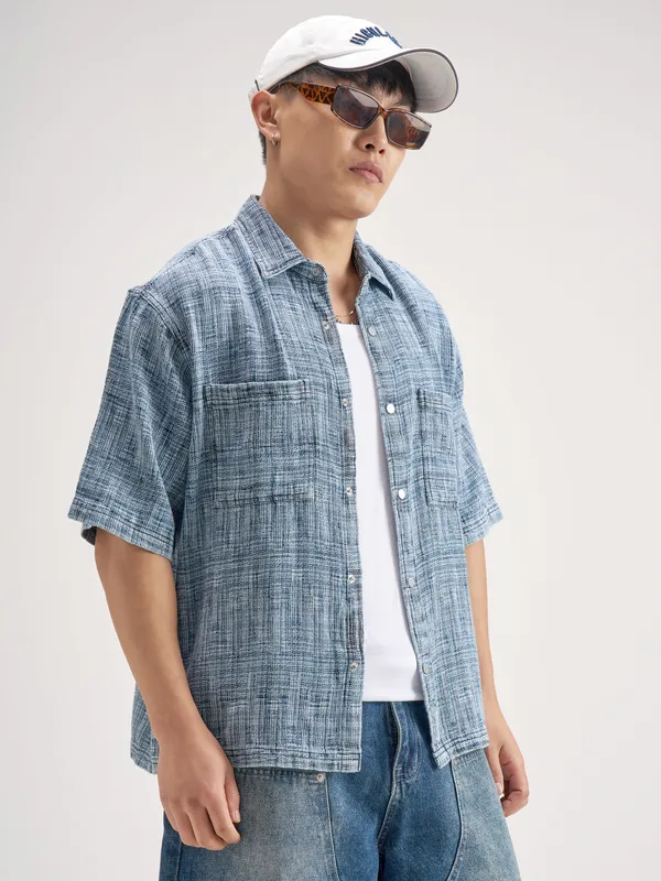 Highlander Men Blue Self Design Boxy Fit Casual Shirt