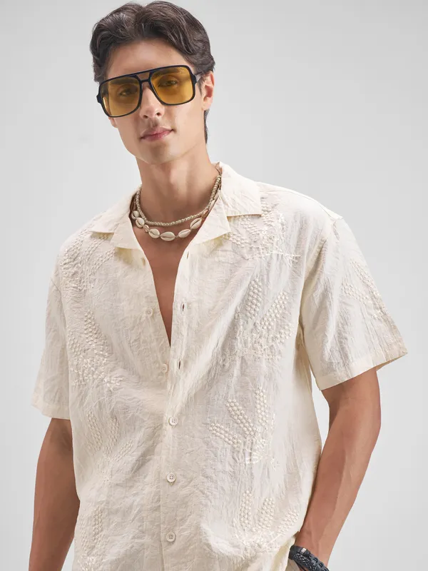 Highlander Men Cream Embroidered Relaxed Fit Casual Shirt